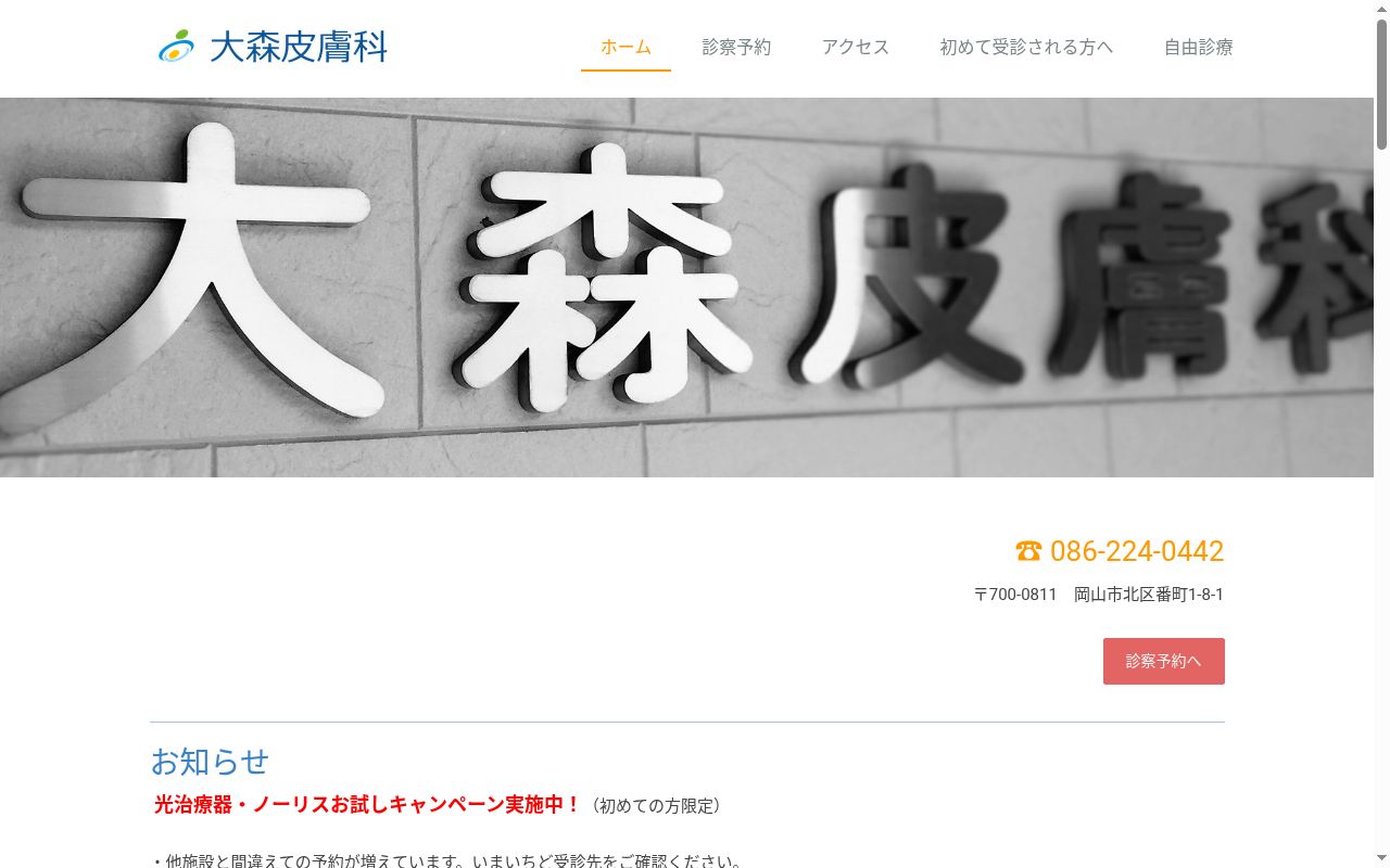 大森皮膚科の公式サイトのスクリーンショット