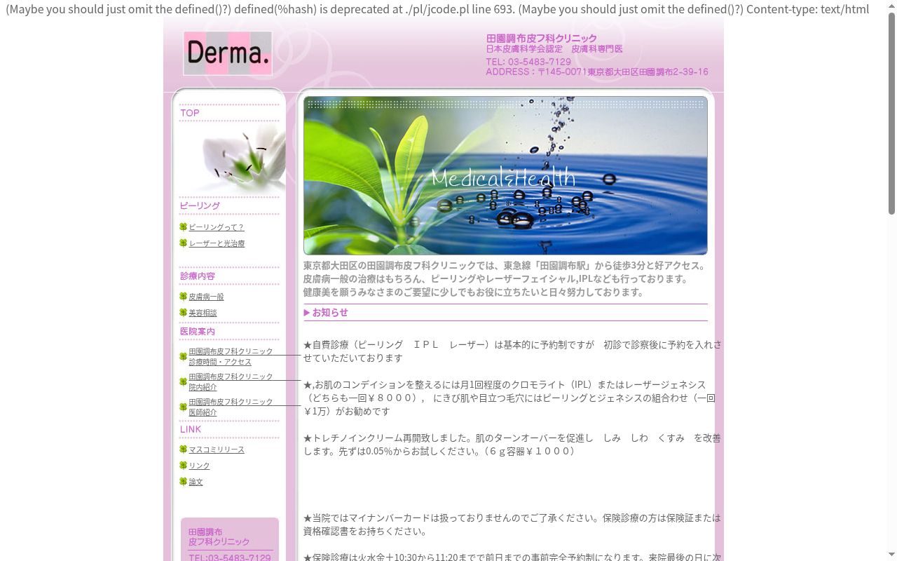 田園調布皮フ科クリニックの公式サイトのスクリーンショット