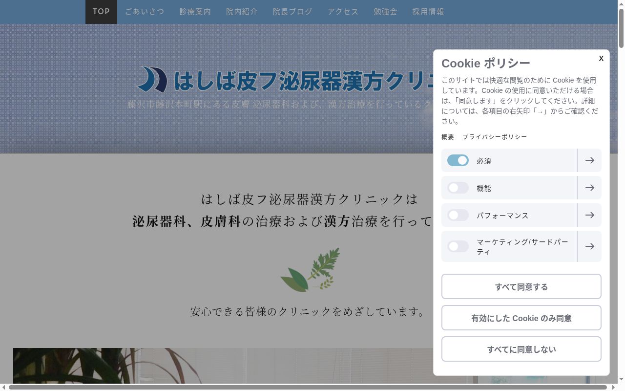 はしば皮フ泌尿器漢方クリニックの公式サイトのスクリーンショット