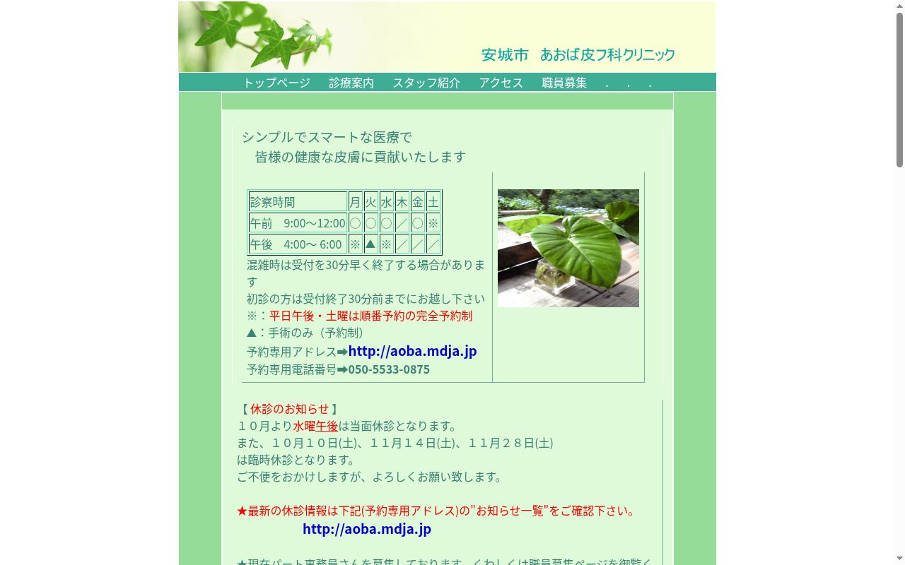 あおば皮フ科クリニックの公式サイトのスクリーンショット