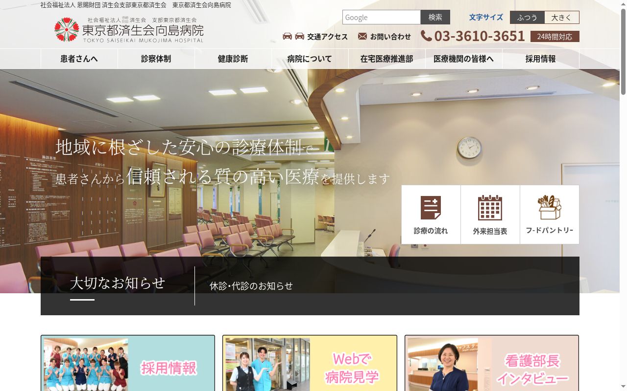 社会福祉法人恩賜財団済生会 支部東京都済生会 東京都済生会向島病院の公式サイトのスクリーンショット